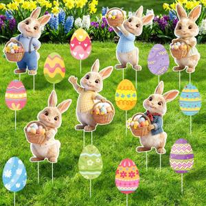 16 PCS Outdoor Easter Decorations, Easter Bunny and Eggs Yard Signs with Stakes, Waterproof Spring Garden Lawn Signs for Party Spring Garden Patio Holiday Display Supplies