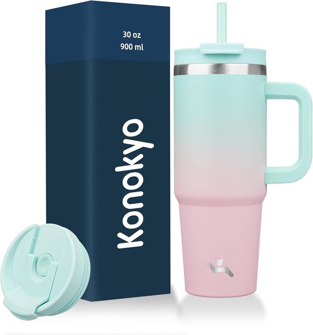 30 oz Tumbler with Handle and 2 Straws,2 in 1 Lid Insulated Water Bottle Stainless Steel Travel Coffee Mug,Gum (30 Ounces)