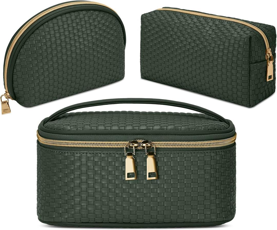 KTMOUW Makeup Bag 3 Pcs Waterproof Cosmetic Bag Set Portable Travel Cosmetic Bag Multifunction Organizer Storage Bag Weave Toiletry Bag for Women, Deep Green