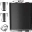 Hip Flask for Liquor Black Leather Flask 8 Oz 18/8 Stainless Steel Soft Touch Leather Wrap Flask Gift Set with 2 Cups & Funnel 100% Leak Proof Whiskey & Rum & Vodka Flasks for Men Women (Lain Weave)