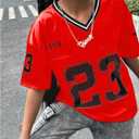 WDIRARA Girl's Number Graphic Jersey Shirts Short Sleeve V Neck Tees Oversized T-Shirt Tops (Red)