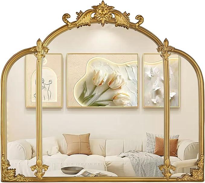24"x22" Gold Arch Wall Mirror, Vintage Ornate Baroque Mirror with Metal Frame, Decorative Vanity Mirror for Dresser, Bedroom, Bathroom, Fireplace, Entryway, Hallway