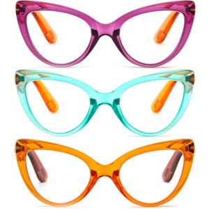 MMOWW Cat Eye Reading Glasses for Women Fashion Cute Blue Light Blocking Readers 3 Pack, Purple Orange/Green Orange/Orange Brown +3.25