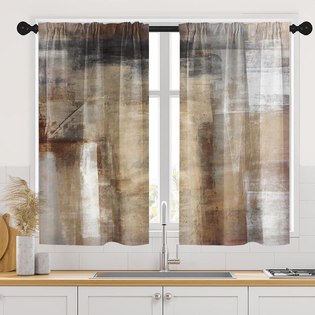 Brown Beige Kitchen Curtains 45 Inch Length Modern Abstract Painting Art Window Short Tier Curtains Over Sink Set of 2, Grey Contemporary Vintage Small Kitchen Decor 34x45 Inch