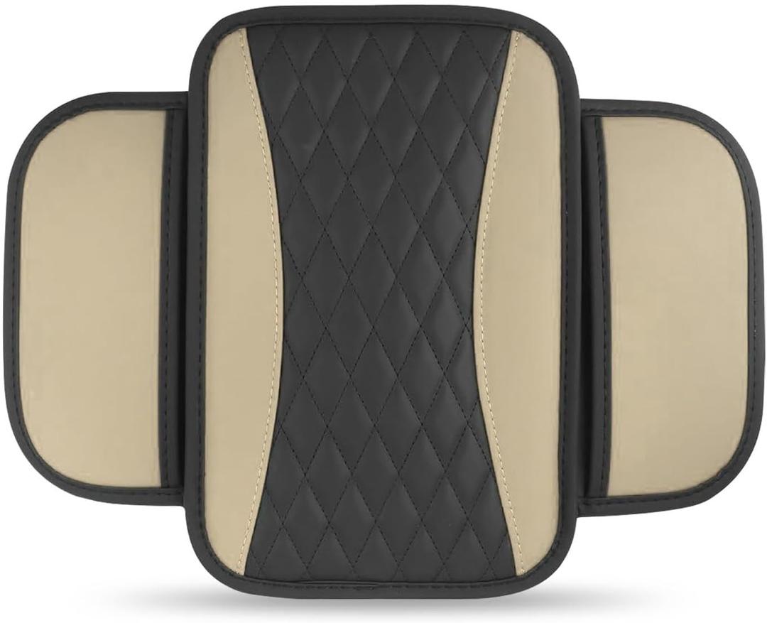 Car Center Console Cover, Upgraded Patchwork Leather Arm Rest Cover with Side Storage Pockets, Comfortable Auto Armrest Protector Cushion, Universal Middle Console Pad for SUV, Sedan (Beige)