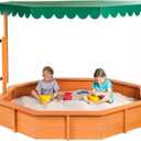 Sandbox with Lid Wood Toddler Sand Boxes with Canopy for Backyard Garden Octagonal Sandbox with Cover Outdoor Playhouse with Adjustable Lid for Aged 3-10 Years Old