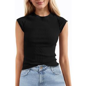 Tankaneo Womens Cap Sleeve Tops Crew Neck Ribbed Knit T Shirt Summer Casual Slim Fit Basic Tees Tshirt (Black, S)