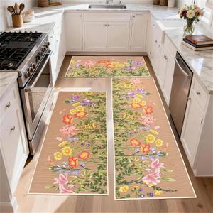 Kitchen Rug Sets 3 Piece Spring Summer Blooming Flowers Kitchen Rugs for Floor Non-Slip Low-Pile Washable 17x29+17x47+17x59