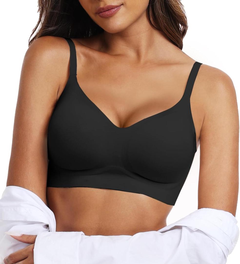 OEAK Womens Push Up Everyday Bras Comfortable Wireless Bralettes V Neck Seamless Bra Smooth Brassiere Wire Free Basic Bras (Small, Black)