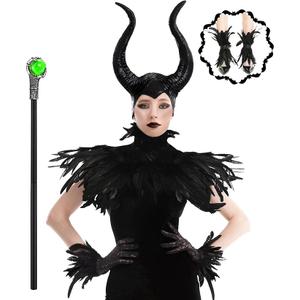 Women's Halloween Maleficent Costume, Gothic Black Crow Darkness Suits with Horn, Staff, Feather Cape Shawl and Long Lace Gloves and Footcovers for Adult Evil Witch Maleficent Queen Cosplay Party One Size