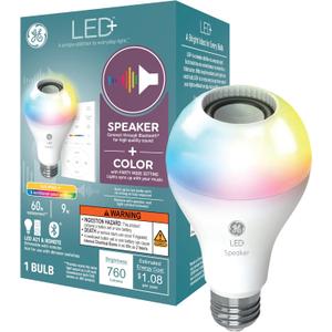 GE LED+ A21 LED Light Bulb, Indoor Color Changing Wireless Blutooth Speaker Light with Remote, 9W, Multicolor and Soft White (1 Pack) (Indoor Soft White + Multicolor)