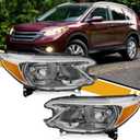 Headlight Assembly Compatible with Honda CR-V 2012 2013 2014 Halogen Type, Pair Set of OE-Style CRV Headlamp Replacements for 33100T0AA01 33150T0AA01, W/O Bulbs, Chrome Housing Amber Reflector