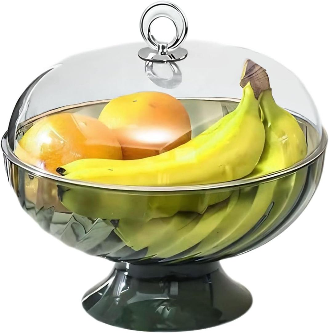 Fruit bowl with lid & Basket - Fruit Fly Proof Kitchen Counter Storage for Fruits & Veggies, Plastic Decorative fruit baske with Draining Holes & Handle (green 1Pcs)
