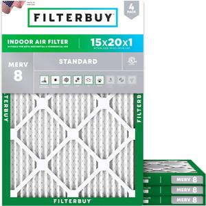 Filterbuy 15x20x1 Air Filter MERV 8 Dust Defense (4-Pack), Pleated HVAC AC Furnace Air Filters Replacement (Actual Size: 14.50 x 19.50 x 0.75 Inches)