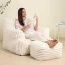 MOMCAYWEX Comfy Gaint Bean Bag Chair with Ottoman, Fluffy Huge Bean Bag Armchair for Adults and Teens, Cream