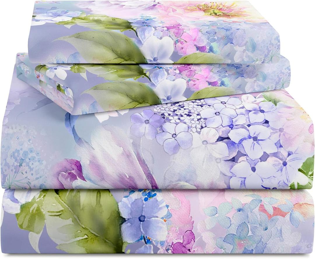 YIYEA Queen Sheet Set, Luxury 1800TC Hotel Quality Double Brushed Microfiber Floral Bed Sheets for Queen Size Bed, Extra Soft, Deep Pocket, Shrinkage and Fade Resistant, 4PC (Queen) (01# Purple Flower)