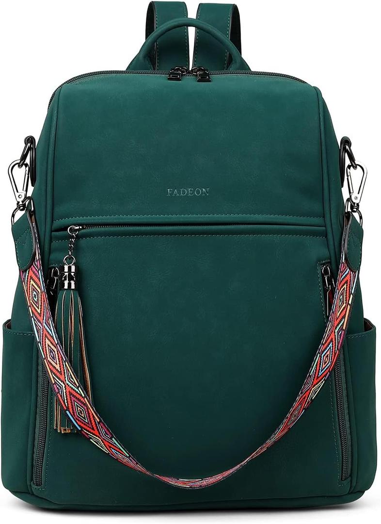 FADEON Leather Backpack Purse for Women Designer Travel Backpack Purses PU Fashion Ladies Shoulder Bag with Tassel (Medium (14-in Height), 1 Dark Green Nubuck Style)