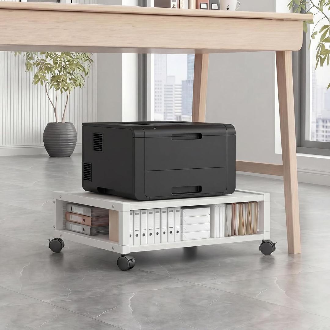 Zonon 2 Tier Printer Stand Under Desk with Wheels, Open Shelf Style, White