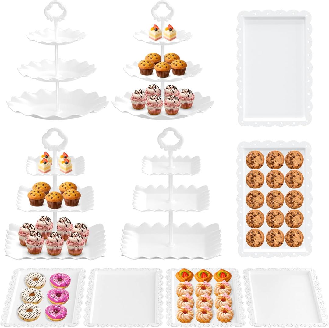 Riccle 10Pcs Dessert Table Display Set, 3 Tiered Cupcake Stand, Cupcake Holder & Cake Stands, Dessert Display Serving Trays for Party, Bridal Shower, Baby Shower, Tea Party, and Birthdays
