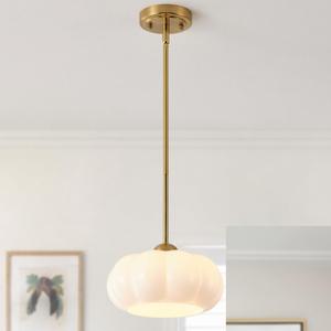Vintage Brass Semi Flush Mount Pendant Light,10in Milk Glass Pendant Light Fixture, Mid Century Art Deco Chandelier for Kitchen Dining Room Hallway Bedroom