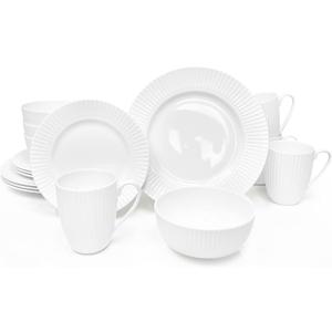 Dinnerware, 16 Piece Set Bone China, Service for 4, White Embossed stripe Dishes, Microwave Safe, Chip Resistant, Dishware, For Formal Casual and Everyday Living, Plates and Bowls Set