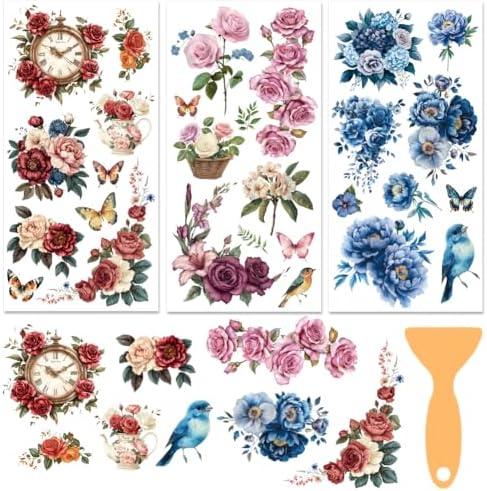 BEUNITONE 3 Sheets Birds Flower Rub on Transfers for Crafts Furniture Vintage Flower Rub on Transfers Stickers for Dresser Wood Glass Scrapbook DIY Home Decor Window Decals Waterproof 6"x12"