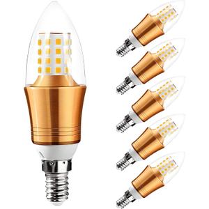 E12 LED Candelabra Base Bulbs 9W Decorative Candle Base 60 Watt Equivalent E12 Candle Lamp for Ceiling Fan Dining Room Home Decor 4000K Warm White AC85-265V Gold Torpedo Shape (9 Watts-4000K-5 Pack)
