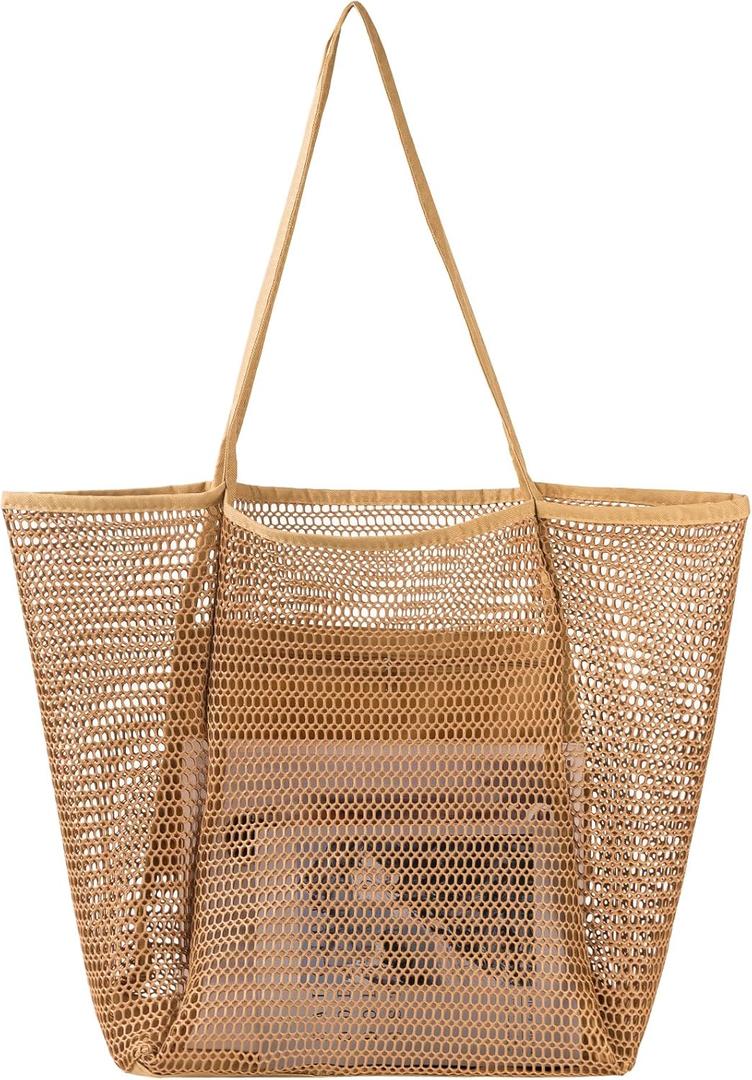 Tavaleu Mesh Beach Bag, Beach Bags for Women, Woven Straw Beach Tote Bag Waterproof with Inner Pocket, Packable Beach Bag (Khaki)