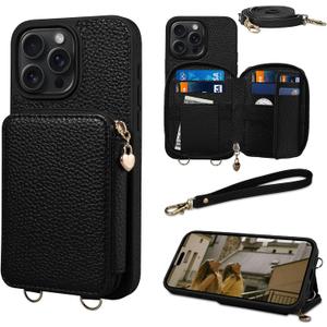 Keallce Case for iPhone 16 Pro 6.3'' Case Wallet, Crossbody Purse with RFID Blocking, Kickstand, Detachable Lanyard & Handstrap, Leather iPhone Cover, Black