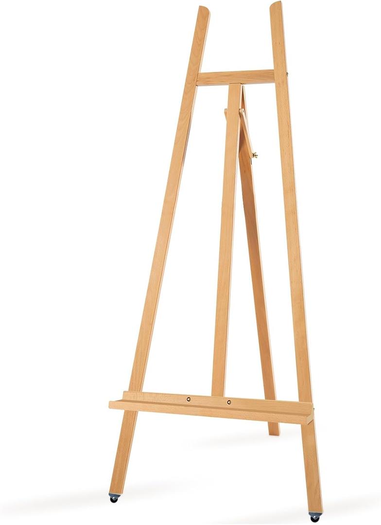 A - Frame Wooden Display Easel - Adjustable Lyre Beechwood Studio Easel Stand Holding Canvas Up to 90", Inclinable Artist Floor Painting Easel for Artwork Painting, Natural, 90 inches high