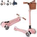 MomnLittle Kick Scooter for Kids Ages 3-10 (Beige/Pink/Navy/White) 3 Wheeled with LED Light-Up Wheels CPSC Certified Foldable and 4 Height Adjustable Toddler Scooters for Boys Girls