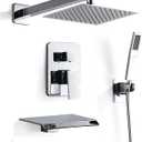 8 Inch Shower Faucet Set, Rainfall Shower System with High Pressure Handheld Shower Head, Bathroom Mixer Shower Set Wall Mounted Shower Faucet Rough-in Valve and Trim Kit, with Tub Spout (Polished Chrome)