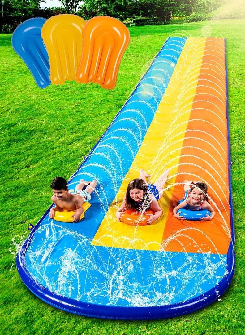 Sloosh Triple Water Slide with 3 BodyBoards, 18FT Lawn Slip Water Splash Slide Summer Toy Splash Pad with Build in Advanced Sprinkler for Kids Adults Backyard Summer Water Fun