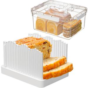 Sorgion 2-in-1 bread slicer and storage box with handle - plastic bread boxes for fresh keeping food storage containers with lids airtight for cake buns,White