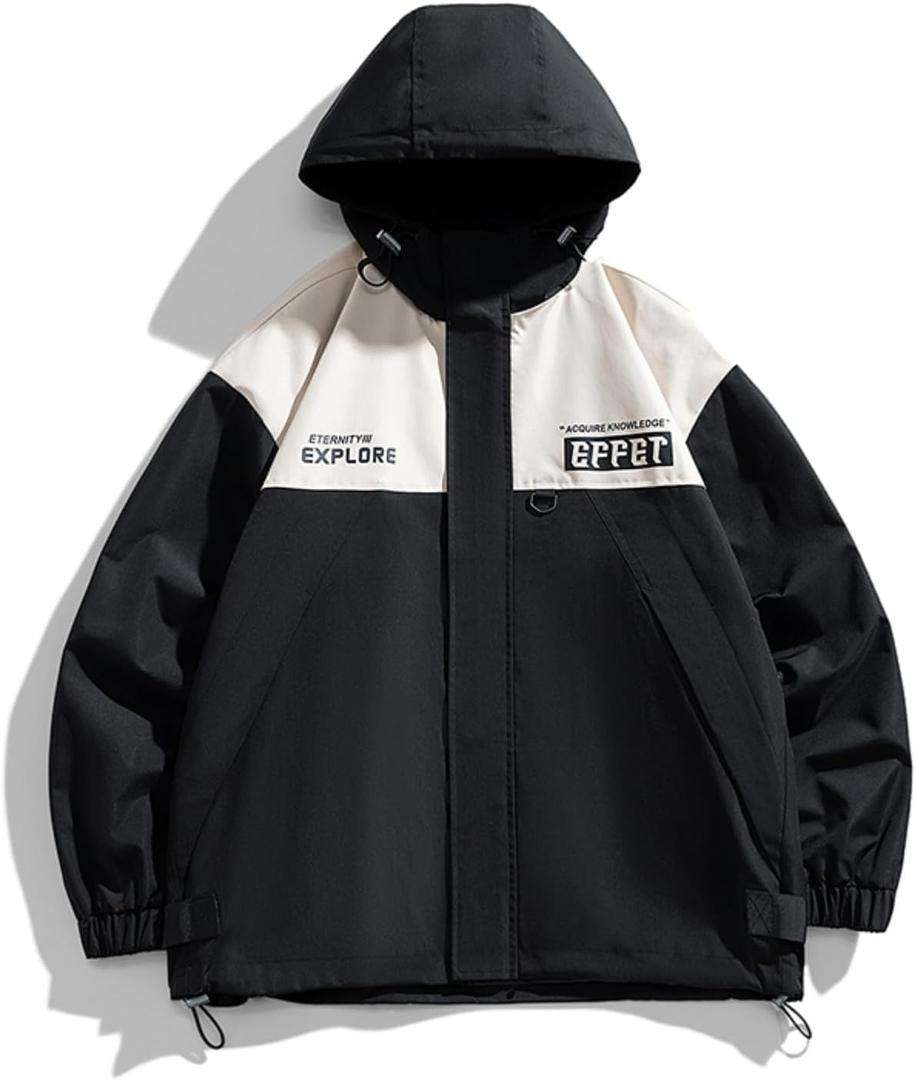 Lightweight Men's Jacket with Hood for Outdoor, Travel, Hiking, Windbreaker, Versatile, Stylish Design (X-Large, Khaki-black)