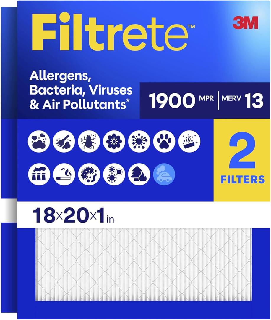 Filtrete 18x20x1 Air Filter, MERV 13 MPR 1900, Allergens, Bacteria, Viruses & Air Pollutants, 3-Month AC/Furnace Filters, Cleaner Air Reliable Airflow, 2 HVAC Filters(Act Size 17.81x19.81x0.78 in)
