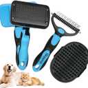 Histotree Blue Pet Grooming Kit 3Pcs Self-Cleaning Slicker Brush for Dogs&Cats Double-Sided Dematting&Deshedding Comb Dog Bath Massage Brush Professional Grooming Tools for Short&Long Hair Pets