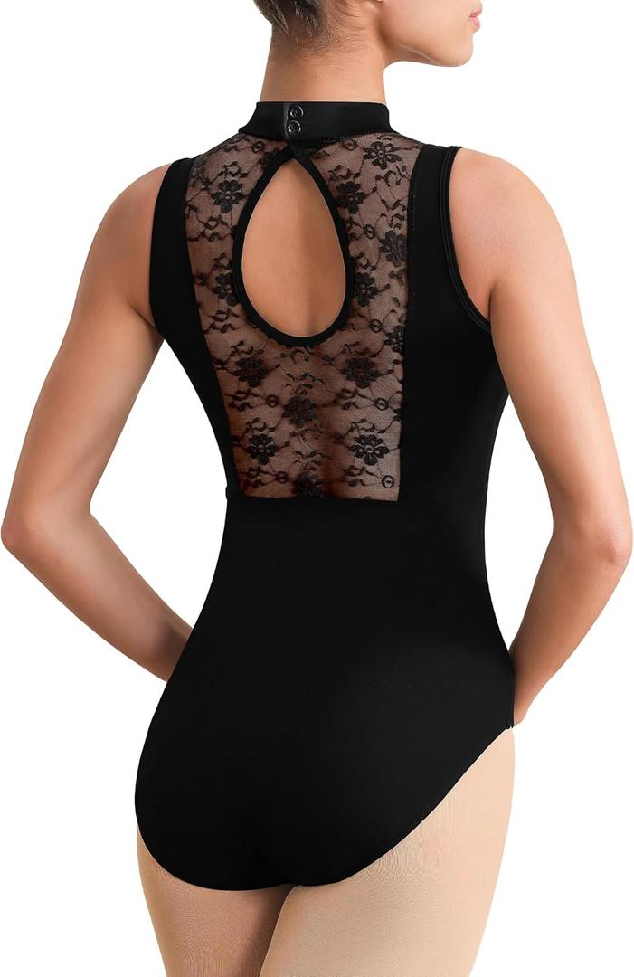 Women Turtleneck Ballet Dance Leotard Adult Black Tank, Gymnastic Dancewear, Chest Padding, Lace Hollow Back (Small)