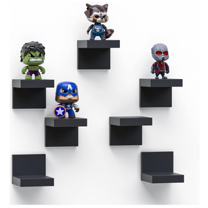 7Pack Small Floating Shelves for Wall by RicherHouse, Plastic Black Shelf 4 Inch Display Ledges Room Decor, Mini with 2 Types of Installation (Adhesive or Screw)
