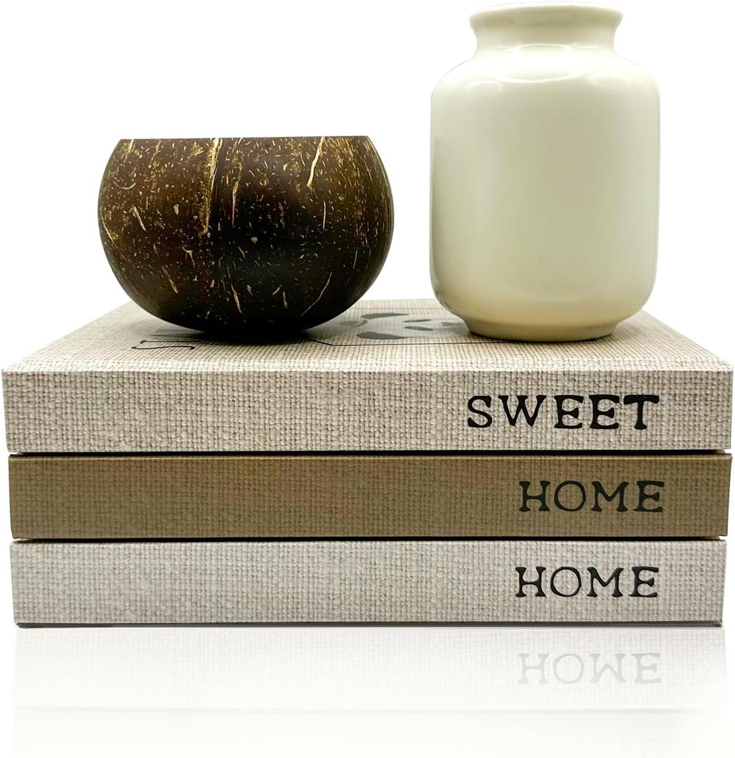 Decorative Books Set of 3 - Modern Home Decor with Coconut Bowl & Ceramic Vase - Coffee Table Books for Home Decoration