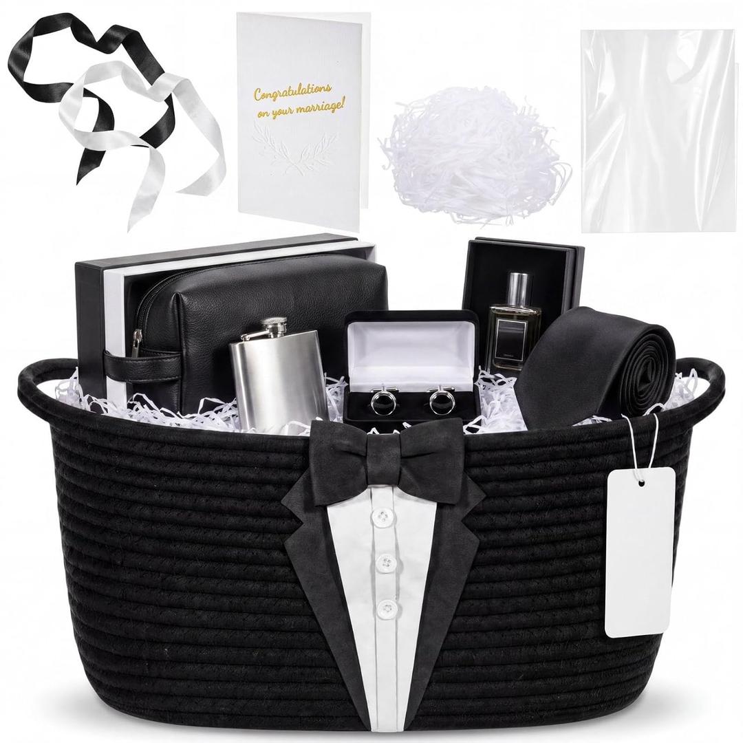 Colingmill Wedding Basket for Gift Empty, Medium Woven Cotton Rope Gift Basket for Bride Groom, 14 x 10 x 5.5'' Storage Box for Bridal Shower Engagement Newlyweds(Tuxedo)