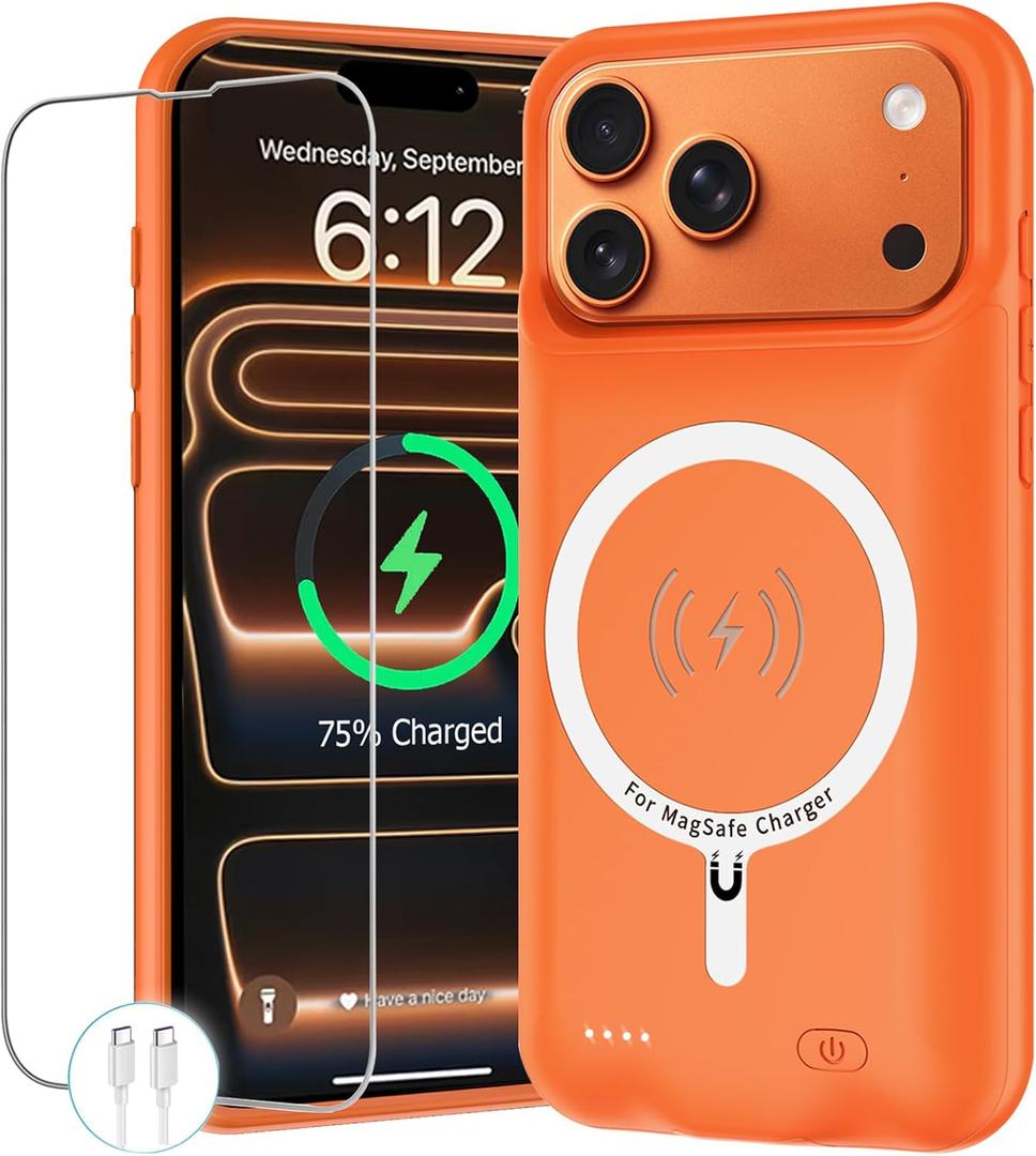 Battery Case for iPhone 17 Pro Max, 12000mAh Protective Charging Case with Wireless Charging Compatible with iPhone 17 Pro Max (6.9 inch) Rechargeable Battery Pack Charger Cover with Carplay (Orange)