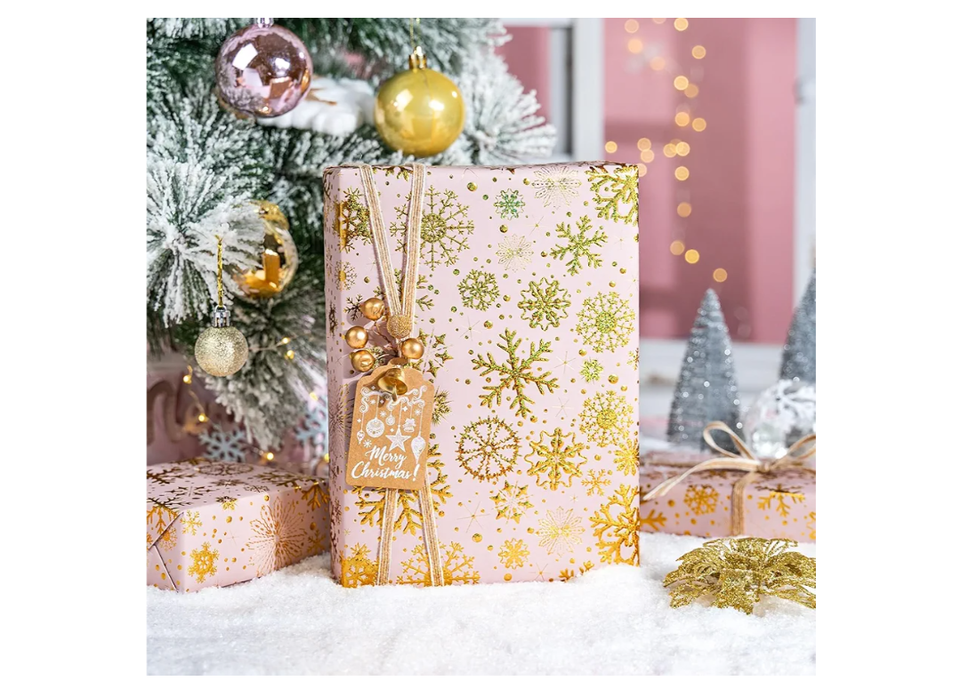 Homeral Pink Christmas wrapping paper roll - 3D Embossed Gold Metallic Foil Shine Snowfalke on Pink for Christmas, Winter Holidat, New Year Celebration - Mini Roll - 17 In x 33 Ft