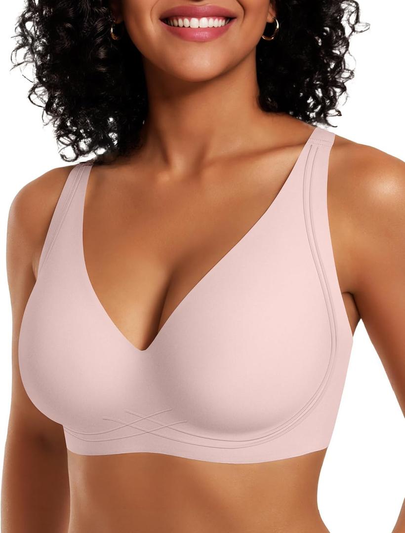 OEAK Womens Comfortable Deep V Bras Wireless Push Up Seamless Full Coverage Bralettes Supportive Bra Raceback Tshirt Bras (X-Large, Pink)