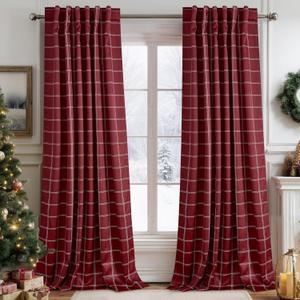 NICETOWN 100% Blackout Christmas Plaid Farmhouse Curtains 84 Inch Long 2 Panels Set for Living Room Checkered Drapes Thermal Insulated Privacy Protection Rod Pocket Back Tab, 52" W, Red