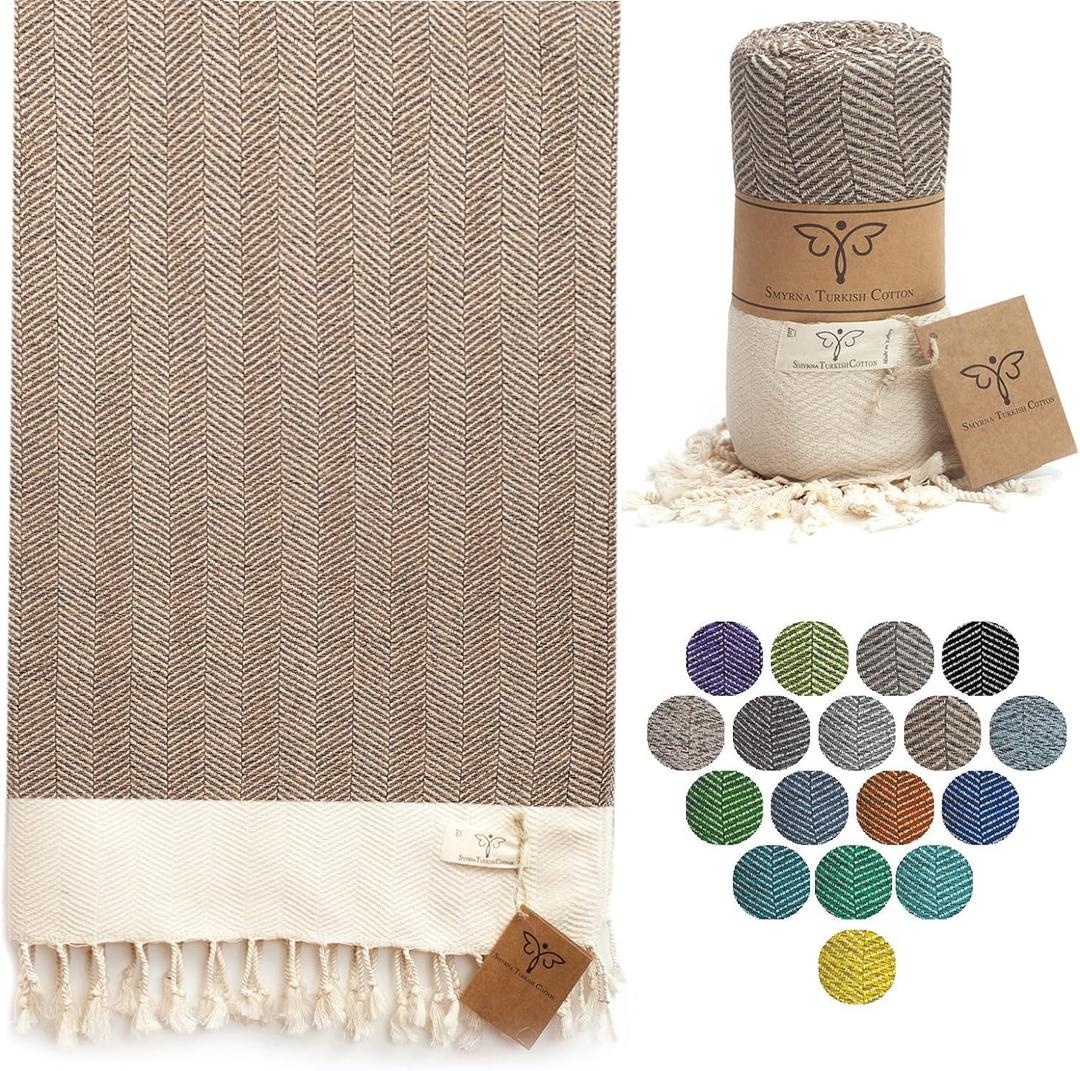 SMYRNA TURKISH COTTON - Herringbone Series Original Turkish Beach Towel | Cotton, Prewashed, 37 x 71 Inches | Peshtemal and Turkish Bath Towel for SPA, Beach, Pool, Gym and Bathroom (Latte) 