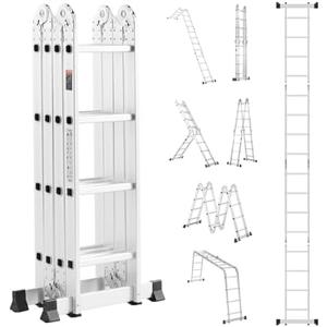 VEVOR Multi-Purpose Folding Ladder, 7-in-1 Tall Extension Step Ladder, A Frame 4 Step Telescoping Ladder, 15.5ft Reach Height Heavy Duty Adjustable Ladder, 330 lbs Capacity for Home Outdoor