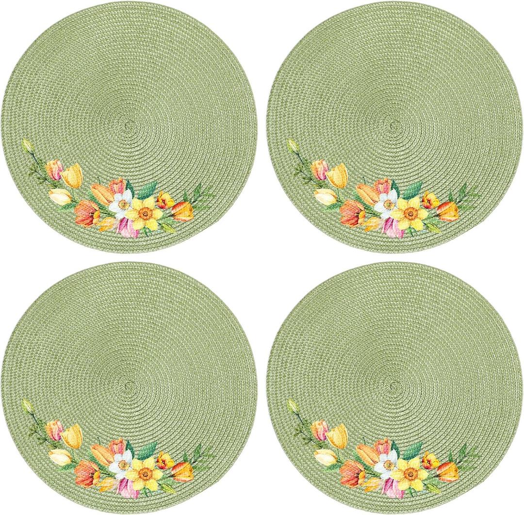 Spring Round Braided Placemats Set of 4 Place Mats for Dining Tables Spring Flowers Placemats 14 Inch for Kitchen Holiday Party Pea Green Washable Non-Slip Table Mats