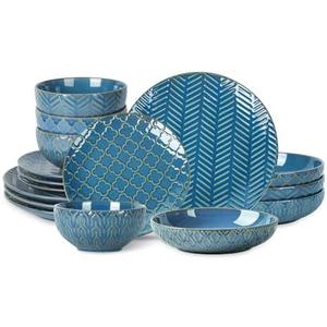 Sureasy Ceramic Dinnerware Set for 4-16 Pieces Embossed Plates and Bowls Sets, Scratch Resistant Dish Set, Microwave, Oven & Dishwasher Safe, Blue
