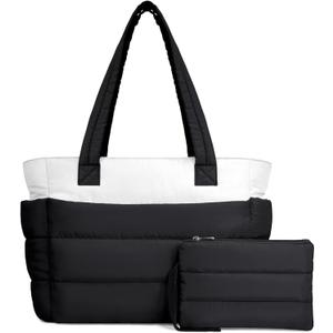 TOPDesign Puffer Tote Bag for Women, Lightweight Puffy Handbag with Compartments, Quilted Shoulder Bag for Work, Travel, Gym (Medium, Black/White)